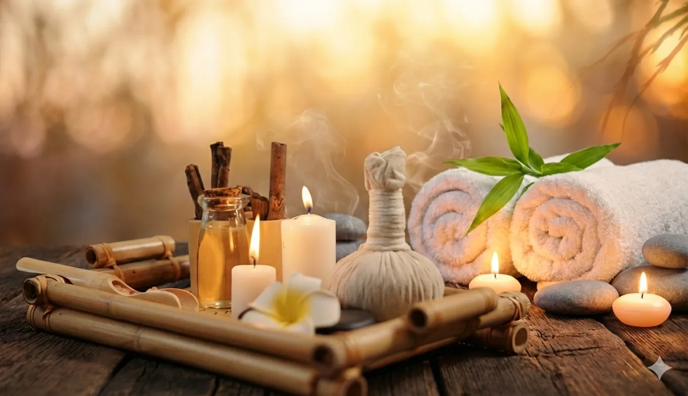 Rolled towels, candles, and herbs representing a relaxing Thai massage session